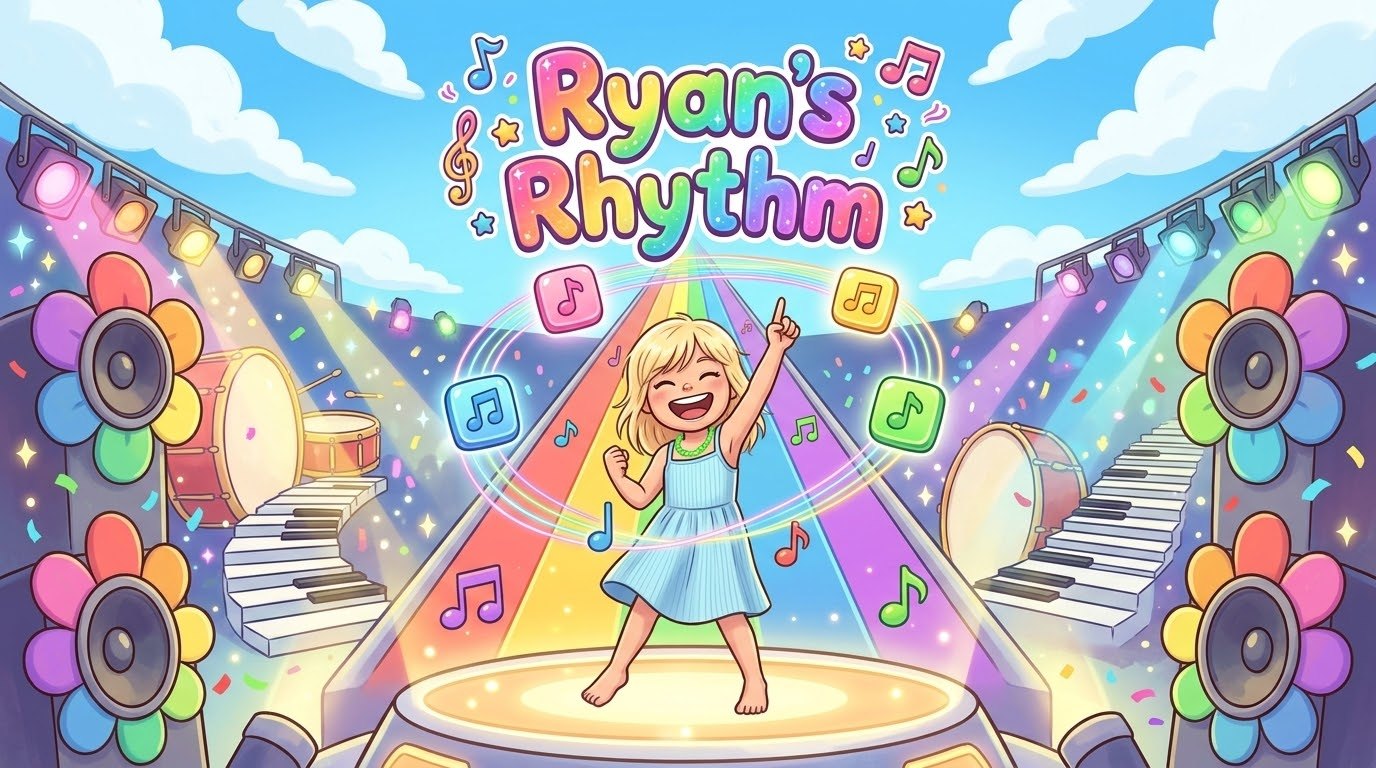 Ryan's Rhythm: Ryan dancing on a rainbow stage